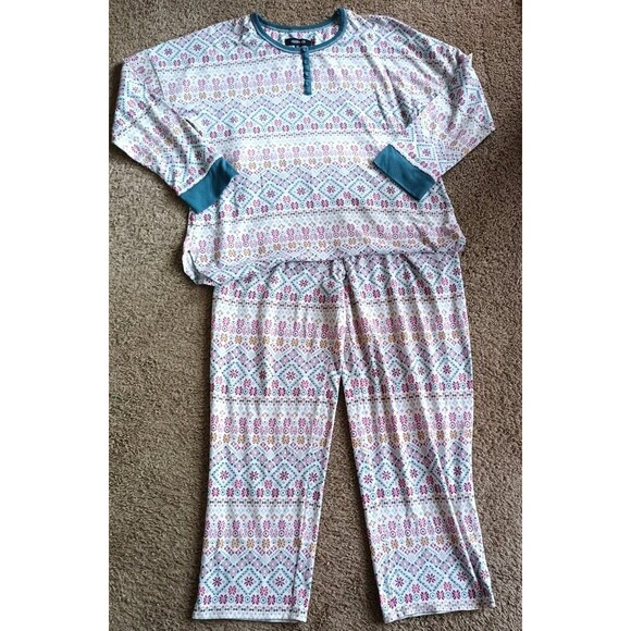 Ellen Tracy Two Piece Pajama Set Size XL Mixed Print Thermal Stretch Cozy - Picture 2 of 6